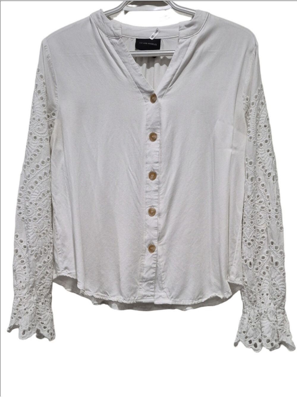 LIV Los Angeles White Eyelet Sleeve Boho V-Neck Blouse Top - Size M